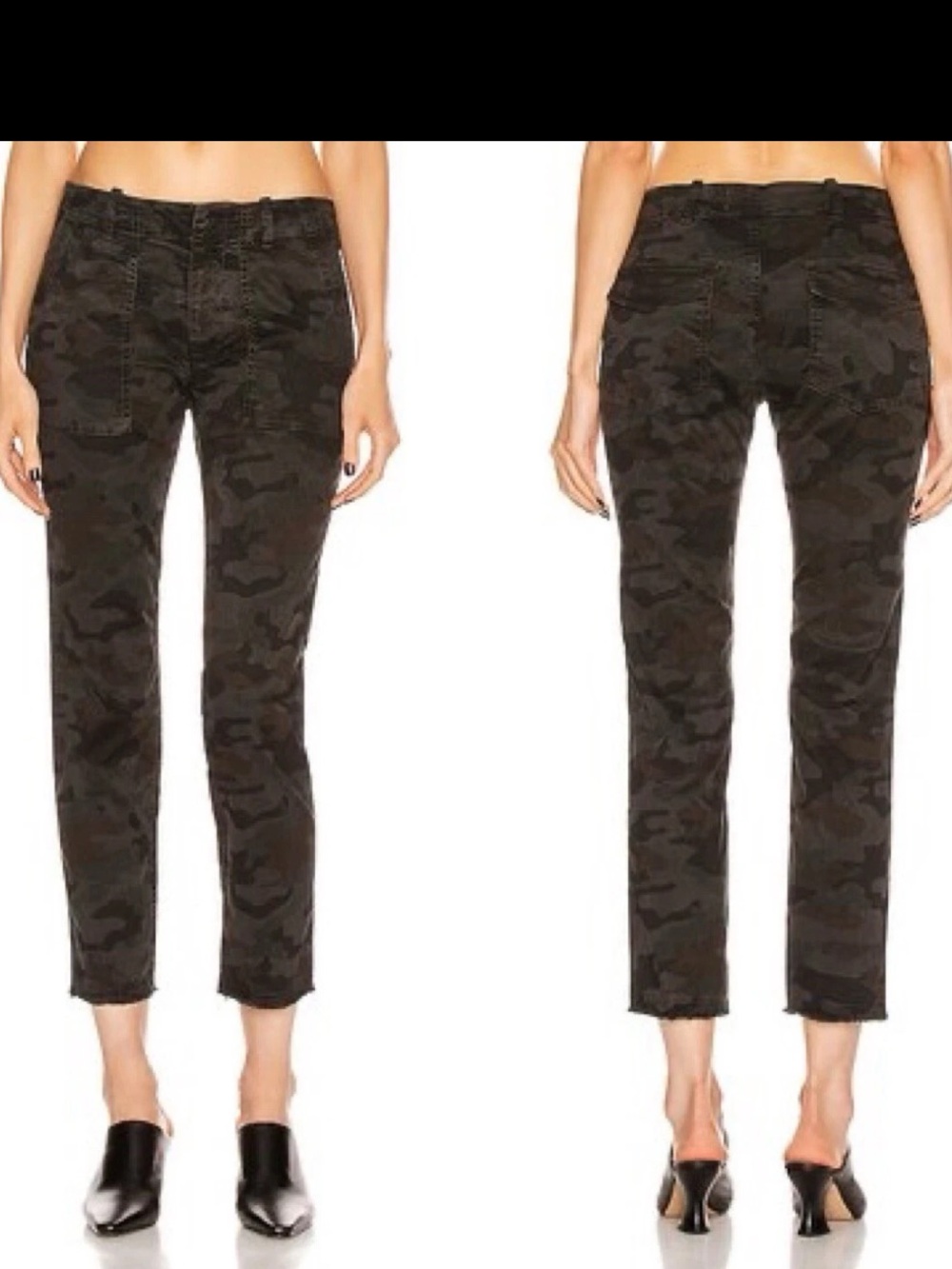 Nili Lotan Jenna Cropped Raw Edge Hem Military Charcoal Camo Pants Mid Rise 0